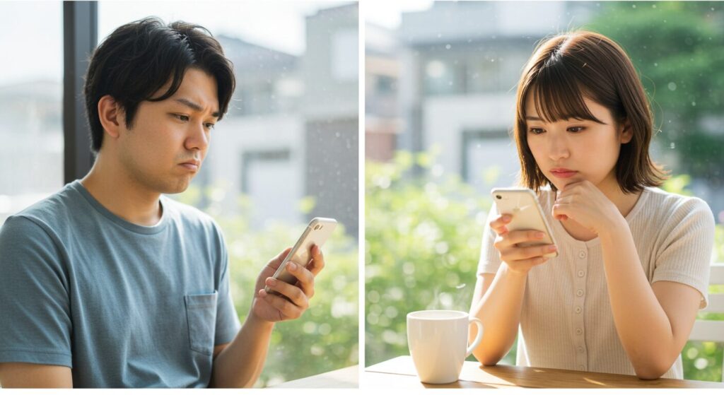 スマホを見て困っている