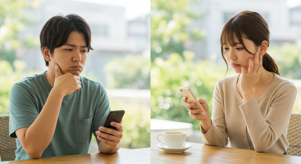 スマホでメールのやりとりする男女