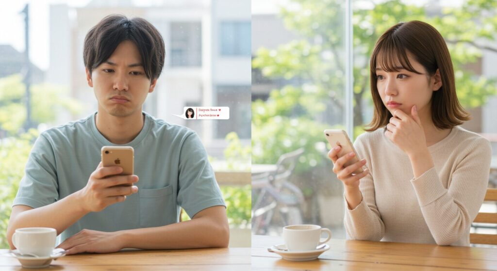 スマホでメールのやりとりする男女